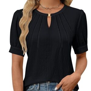 Black Pleated Blouse with Cut Out Neckline